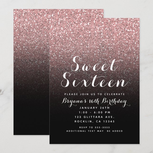 Rose Gold Pink Glitter & Black Sweet 16 Party Invitation (Front/Back)