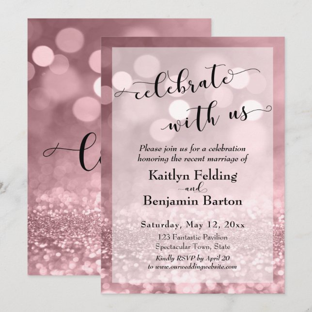 Rose Gold Pink Glitter Bokeh Celebrate with Us Invitation (Front/Back)