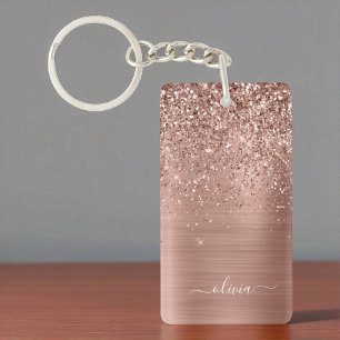 Rose Gold Pink Glitter Brushed Metal Monogram Keychain