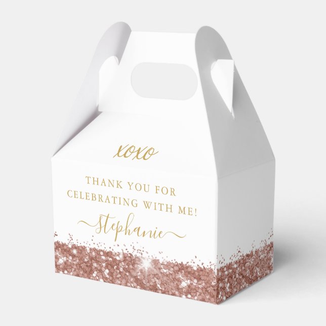 Rose Gold Pink Glitter Confetti Birthday Mitzvah Favor Box (Front Side)