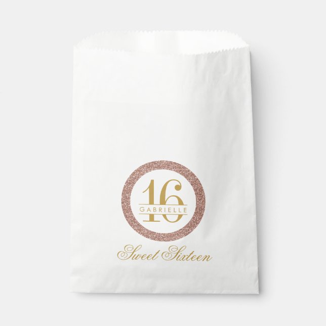 Rose Gold Pink Glitter Custom Age 16th Birthday Favour Bag (Front)