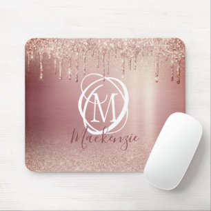 Rose Gold Pink Glitter Drip Elegant Monogram Mouse Pad