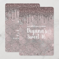 Rose Gold Pink Glitter Drip Mermaid Sweet 16 Party