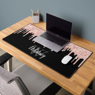 Rose Gold Pink Glitter Drip Monogram Name Desk Mat
