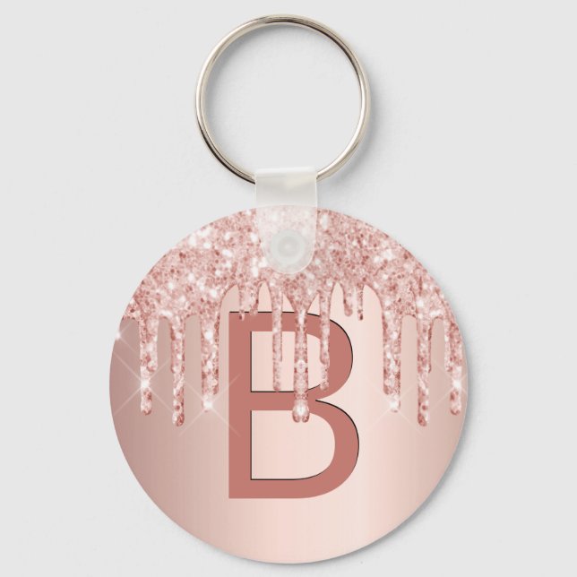 Rose gold pink glitter dripping sparkle monogram keychain (Front)