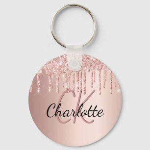 Rose gold pink glitter drips monogram luxury keychain