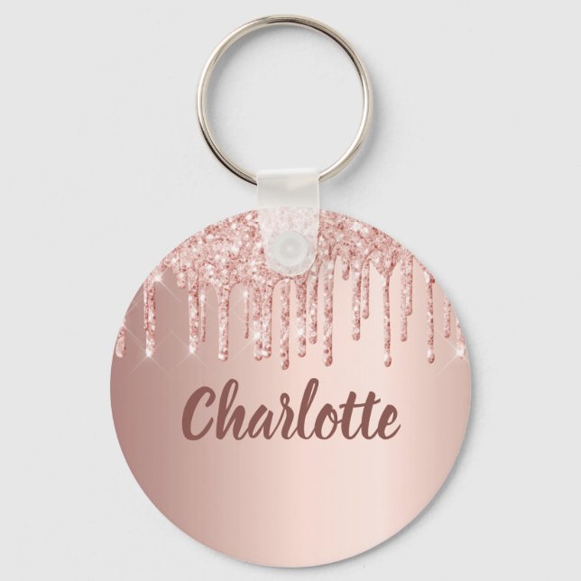 Rose gold pink glitter drips monogram luxury keychain (Front)