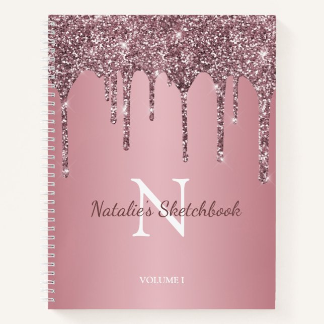 Rose Gold Pink Glitter Drips Monogram Sketchbook Notebook (Front)