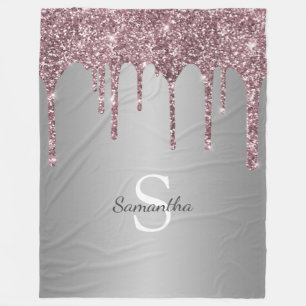 Rose Gold Pink Glitter Drips Silver Monogram Name Fleece Blanket