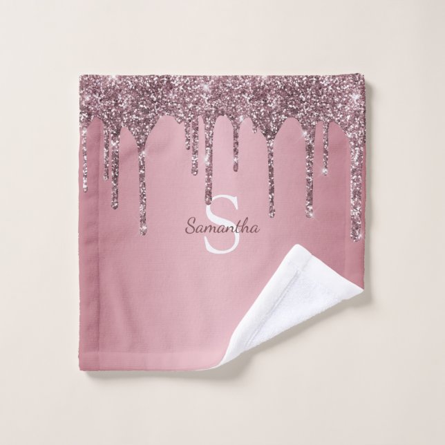 Rose Gold Pink Glitter Drips Sparkle Monogram Name Bath Towel Set (Wash Cloth)