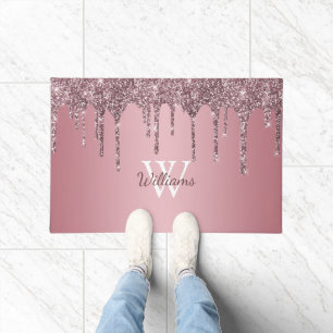 Rose Gold Pink Glitter Drips Sparkle Monogram Name Doormat