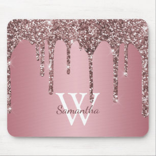Rose Gold Pink Glitter Drips Sparkle Monogram Name Mouse Pad