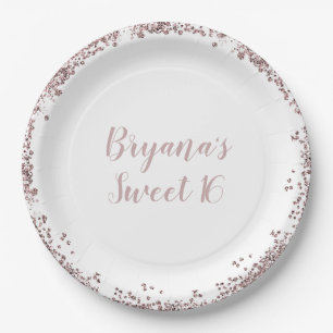 Rose Gold Pink Glitter Glam Edge Sweet 16 Party Paper Plate
