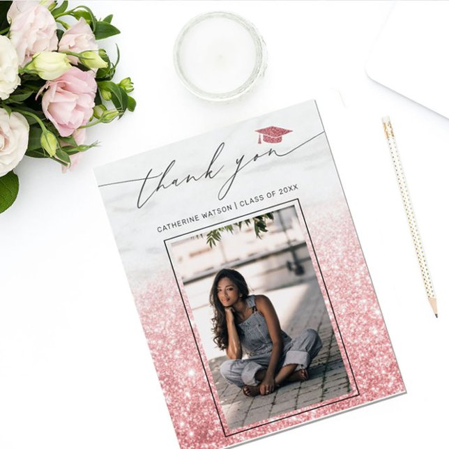 Rose Gold Pink Glitter Graduation Photo Thank You Postcard (Creator Uploaded)