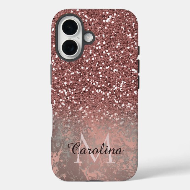 Rose Gold Pink Glitter,  Grey Marble, Personalized Case-Mate iPhone Case (Back)