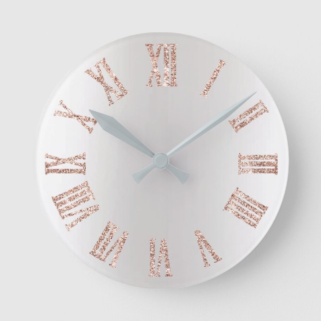 Rose Gold Pink Glitter Grey Silver  Minimal Metal Round Clock (Front)
