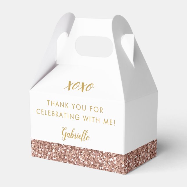 Rose Gold Pink Glitter Modern Birthday Mitzvah Favor Box (Front Side)