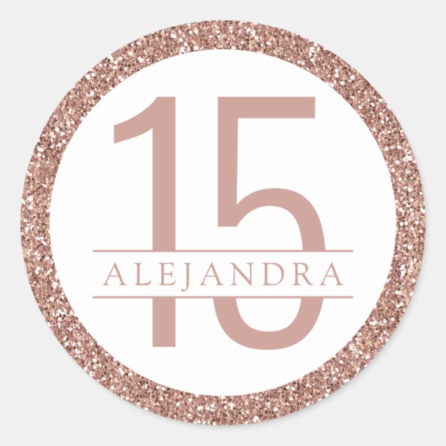 Rose Gold Pink Glitter Modern Quince Años Favour  Classic Round Sticker (Front)