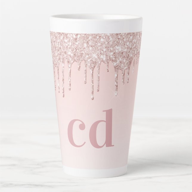 Rose gold pink glitter monogram initials latte mug (Front)