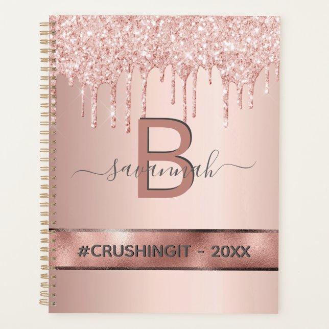 Rose gold pink glitter monogram motivational planner (Front)
