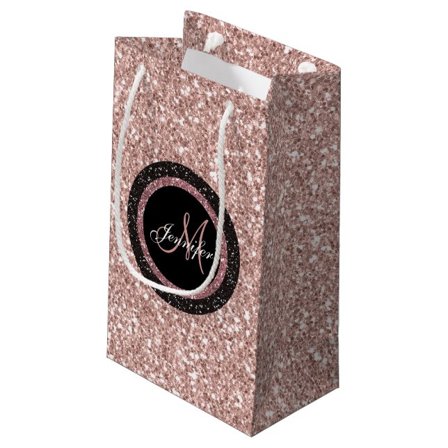 Rose Gold Pink Glitter Monogram Name Girly Party Small Gift Bag (Back Angled)