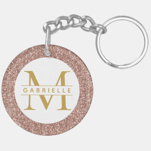 Rose Gold Pink Glitter Monogram Name Keychain