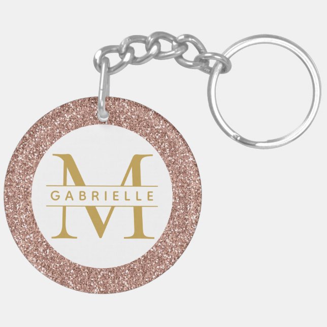 Rose Gold Pink Glitter Monogram Name Keychain (Back Right)