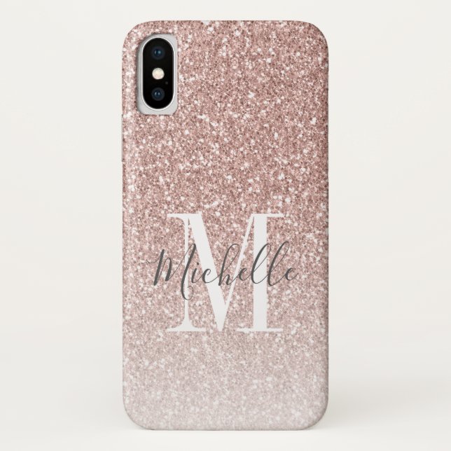 Rose Gold Pink Glitter Monogram Script Name Case-Mate iPhone Case (Back)