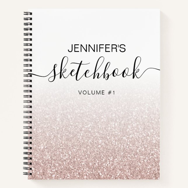 Rose Gold Pink Glitter Ombre Sketchbook Name Notebook (Front)
