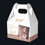 Rose Gold Pink Glitter Photo Birthday Favor Box<br><div class="desc">Cute mini gable birthday party favour box with your photo and rose gold glitter and gold with custom text for a modern party, bat mitzvah, Quinceañera, wedding, bridal shower, baby shower or bachelorette party. * * * * Click CUSTOMIZE FURTHER to change the fonts, colours and layout and create a...</div>