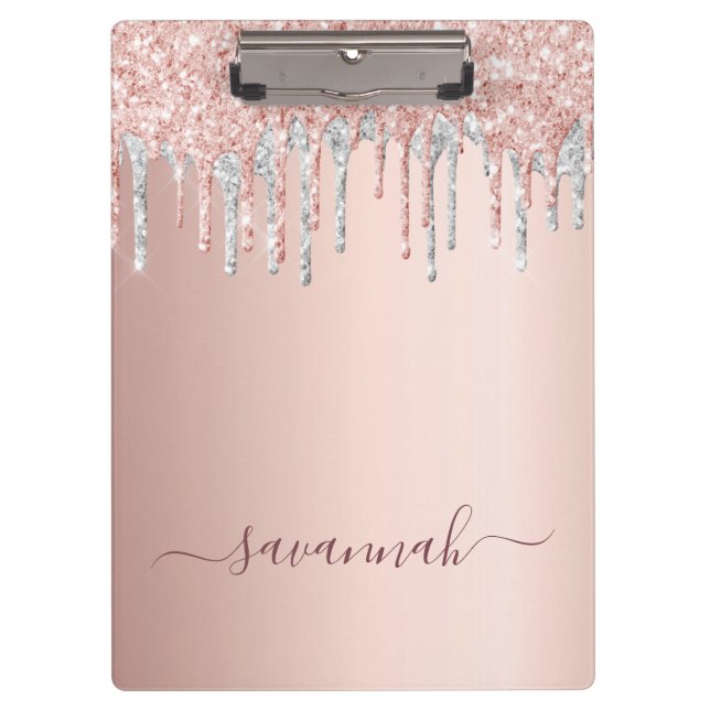 Rose gold pink glitter silver script name clipboard (Front)