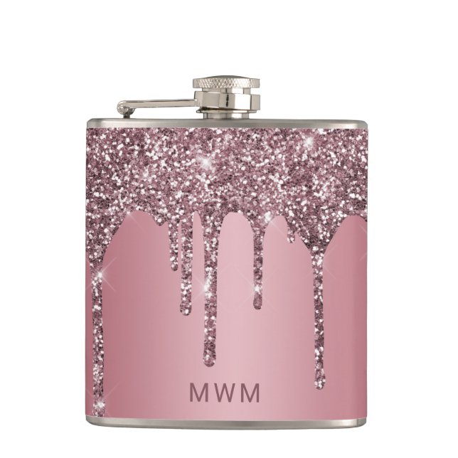 Rose Gold Pink Glitter Sparkle Drips Monogram 6 oz Hip Flask (Front)