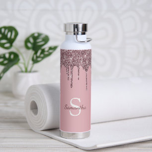 Rose Gold Pink Glitter Sparkle Drips Monogram Name Water Bottle