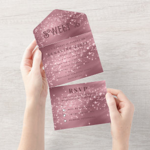 Rose Gold Pink Glitter Sparkle Modern Sweet 16  All In One Invitation
