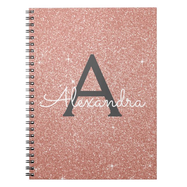 Rose Gold Pink Glitter Sparkle Monogram Notebook (Front)