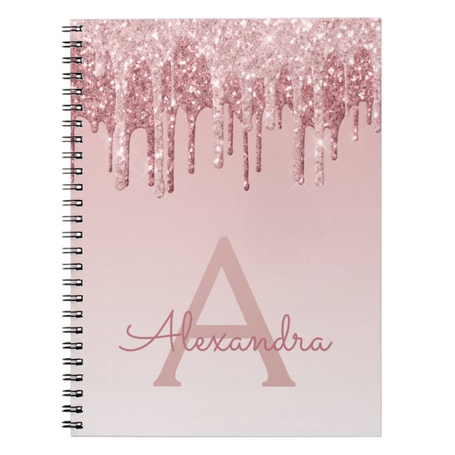 Rose Gold Pink Glitter Sparkle Monogram Notebook (Front)