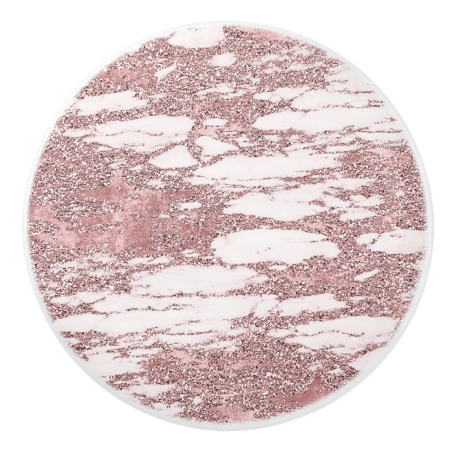 Rose Gold Pink Glitter Sparkly Marble Glam Trendy Ceramic Knob (Front)