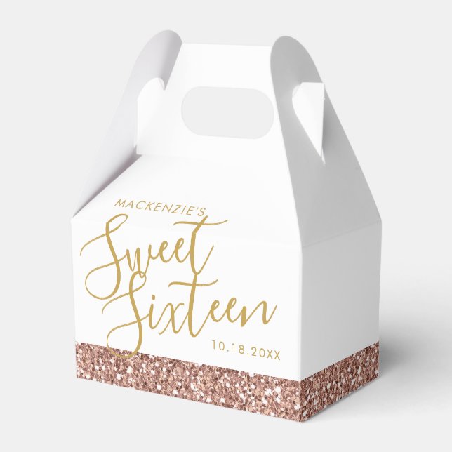 Rose Gold Pink Glitter Sweet 16 Personalized Favor Box (Front Side)