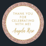Rose Gold Pink Glitter Thank You Party Favour Classic Round Sticker<br><div class="desc">Rose Gold Pink Glitter with gold thank you text and name favour label, perfect for a girly and modern bat mitzvah, birthday party, Quinceanera, baby or bridal shower, or bachelorette party. Glitter is a printed image - no real glitter is used and so no mess! Visit the Paper Grape Zazzle...</div>