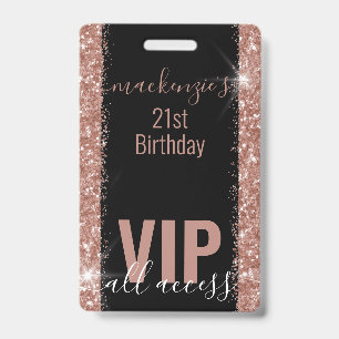 Rose Gold Pink Glitter VIP Bday Party Invitation Badge