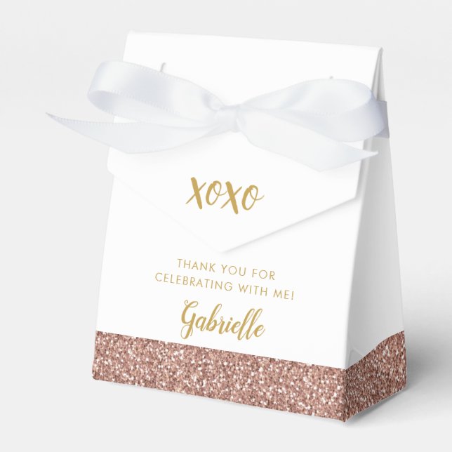 Rose Gold Pink Glitter XOXO Birthday Mitzvah Favor Box (Front Side)