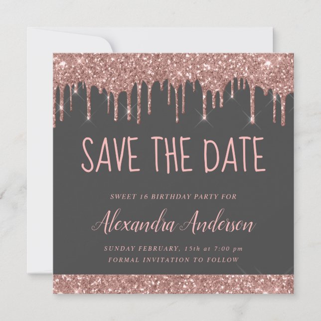 Rose Gold Pink Grey Glitter Sweet 16 Save the Date Invitation (Front)