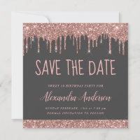 Rose Gold Pink Grey Glitter Sweet 16 Save the Date