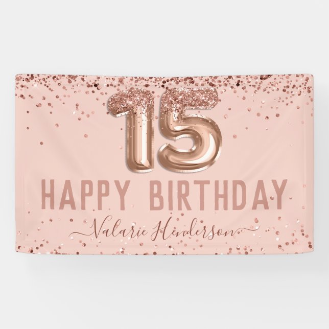 Rose Gold Pink Happy 15th Birthday Banner (Horizontal)