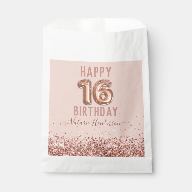 Rose Gold Pink Happy 16th Birthday Favour Bag (Front)