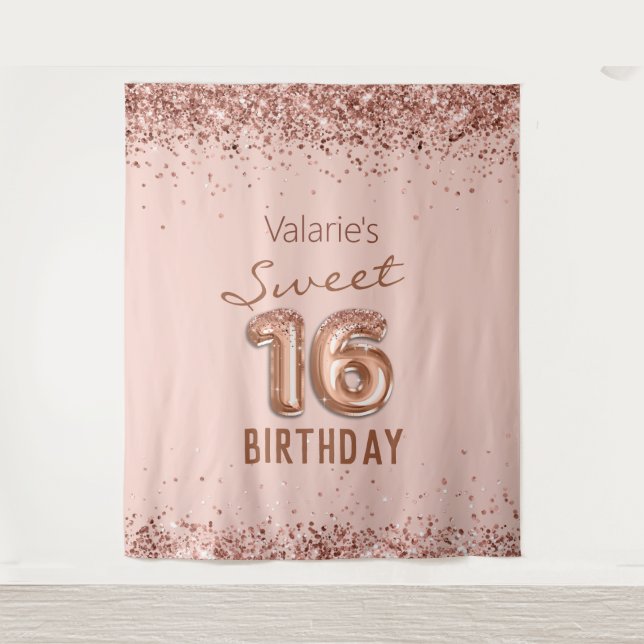 Rose Gold Pink Happy 16th Birthday Tapestry (Front)