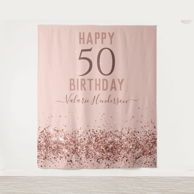 Rose Gold Pink Happy 50th Birthday Tapestry (Front)