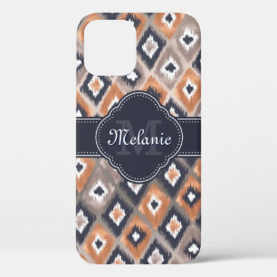 Rose Gold Pink Ikat Pattern Navy Monogram iPhone 12 Case