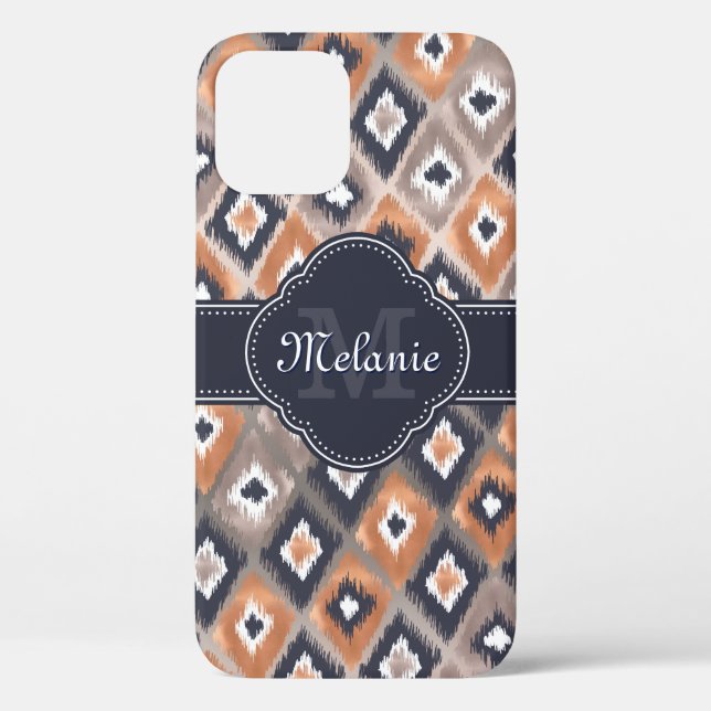 Rose Gold Pink Ikat Pattern Navy Monogram Case-Mate iPhone Case (Back)