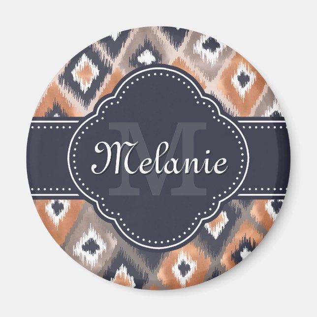 Rose Gold Pink Ikat Pattern Navy Monogram Magnet (Front)